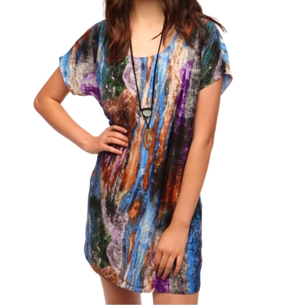Urban Outfitters Colorful Blue Gray Purple Marbled Short Sleeve Mini Dress